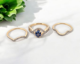 Isla | 14K Yellow Gold Tanzanite & Diamond Wedding Set | .70 CT Oval Tanzanite, .70 CTW Natural Diamonds | Matching Contour Bands | Size 6