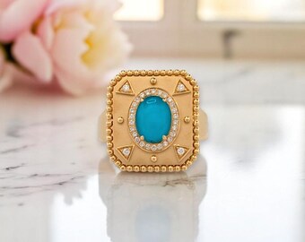 Fabel | 18 kt geelgouden Justinianus-ring – 1,50 kt turkoois en natuurlijke diamantaccenten – koningsblauwe statement-ring (maat 6,5)