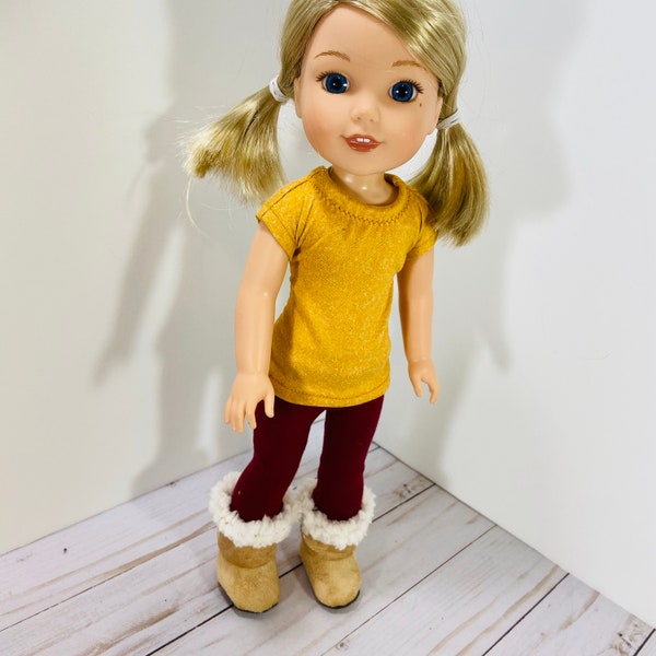 14.5 Inch Doll Clothes- mustard top, maroon leggings fits Dolls Like Wellie Wishers doll clothes