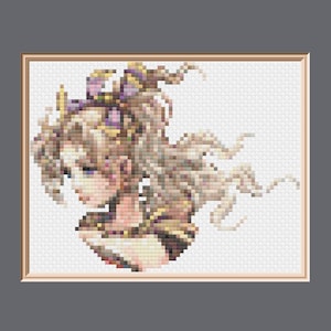 Könnte beinhalten: Kreuzstichmuster einer Frau mit langen blonden Haaren, die eine purpurne und goldene Krone und ein goldenes und braunes Kleid trägt. Die Frau schaut zur Seite.