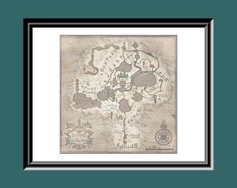 May include: Framed map print depicting a detailed fantasy world. The map uses muted beige and brown tones, with intricate illustrations of landscapes, structures, and text. A compass rose and decorative elements are included.
