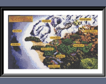 May include: A map of the fictional land of Termina from the video game The Legend of Zelda: Majora's Mask. The map shows various locations including Clock Town, Romani Ranch, and Great Bay.