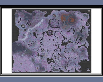 May include: A pixelated map with a purple, blue, and grey colour scheme. The map is mostly purple with blue and grey accents. The map is surrounded by a black border.