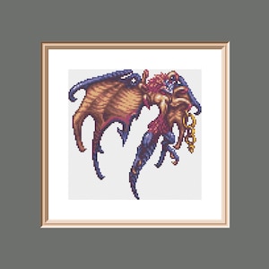 May include: A pixelated illustration of a purple and brown winged creature with a red and purple body. The creature has a gold chain around its neck and is flying.