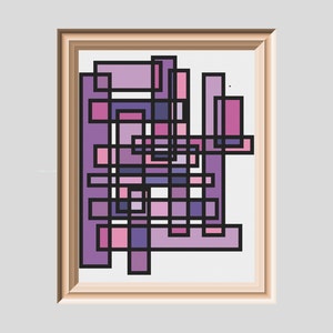 May include: Abstract geometric art print with a framed design featuring overlapping squares in shades of purple, pink, and white.
