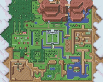 May include: A pixelated map of a fantasy world with a castle, a river, and a forest. The map is surrounded by clouds.