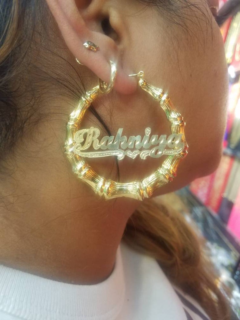 Customized Name Jewelry Gift for Her Kids Name Jewelry Personalized Name Earrings Bamboo Hoops Name Earrings-Hoops with Name