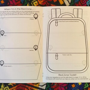 May include: A black and white printable worksheet with the title "When I'm in the Red Zone..." and a section for listing thoughts, feelings, and senses. The worksheet also includes a section for listing tools that have worked before and tools that can be tried. The worksheet is designed to help people manage their emotions when they are feeling overwhelmed.