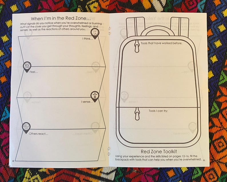 May include: A black and white printable worksheet with the title "When I'm in the Red Zone..." and a section for listing thoughts, feelings, and senses. The worksheet also includes a section for listing tools that have worked before and tools that can be tried. The worksheet is designed to help people manage their emotions when they are feeling overwhelmed.