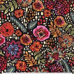 May include: Black fabric with a colorful floral pattern. The flowers are in shades of pink, red, orange, yellow, and blue. The background is a dark black with a subtle texture.