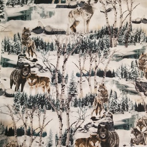 May include: Fabric with a repeating pattern of wolves in a snowy forest scene. The wolves are various shades of brown and gray, set against a backdrop of snow-covered trees and a frozen river.