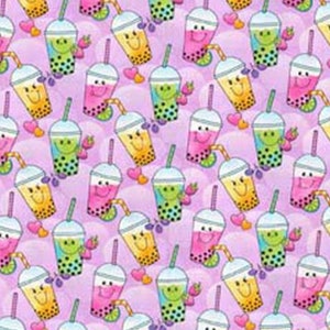May include: A repeating pattern of smiling bubble tea cups in yellow, pink, and green with black tapioca pearls, straws, and hearts on a light purple background. The cups have white lids and are decorated with lime slices.