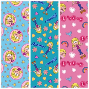 May include: Three different fabric patterns featuring a cartoon girl with blonde hair and a pink shirt. The first pattern is blue with white stars and the girl is in a circle. The second pattern is teal with yellow flowers and hearts. The third pattern is pink with white hearts and a rainbow. The text "Totally!" appears on the second pattern.