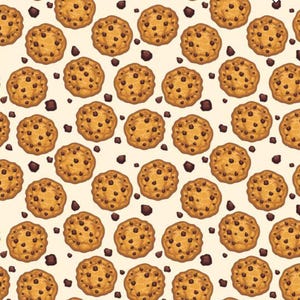 May include: A seamless pattern of chocolate chip cookies on a light beige background. The cookies are brown with chocolate chips and are arranged in a repeating pattern.