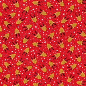 May include: Red fabric with a repeating pattern of gold reindeer heads with black antlers and white stars. The reindeer have a cartoonish design, and the stars are small and scattered across the background.