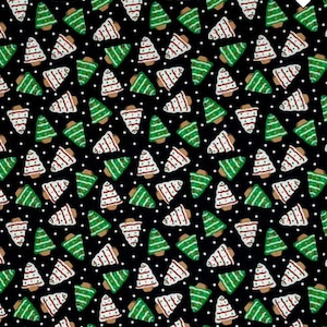 May include: A repeating pattern of Christmas tree shapes in green and white with brown accents, set against a black background dotted with white circles. The trees have a gingerbread cookie appearance.