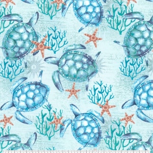 May include: A blue and green watercolor pattern featuring sea turtles, coral, and starfish on a light blue background.