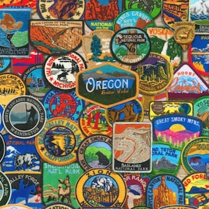 May include: A colorful collection of embroidered patches featuring various national parks across the United States. The patches are arranged in a random pattern and include names like "Yosemite", "Sequoia National Park", "Zion", "Great Smoky Mountains", "Badlands National Park", and "Oregon Crater Lake".