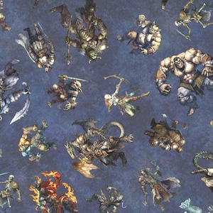 May include: A blue background with a repeating pattern of fantasy characters. The characters are drawn in a cartoon style and include a variety of creatures, such as dragons, goblins, and orcs.