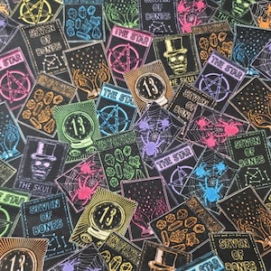 May include: A black background with a repeating pattern of tarot cards. The cards are outlined in neon colors and feature various symbols, including stars, skulls, and pentagrams. The text on the cards includes "The Star", "Seven of Bones", and "The Skull".