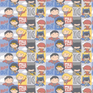 May include: A repeating pattern featuring cartoon superheroes such as Batman, Superman, Wonder Woman, and The Flash. The design includes the words "WATCH OUT", "FLY", and "KICK" in various blocks of color, including blue, yellow, and gray.