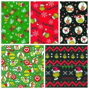 May include: A set of four different fabric designs featuring the Grinch from the popular Christmas movie "How the Grinch Stole Christmas". The designs include a green and red pattern with the Grinch's face, a green and white pattern with the Grinch's face and ornaments, a black and white pattern with the Grinch's face and a red and green pattern with the Grinch's face and a snowflake.