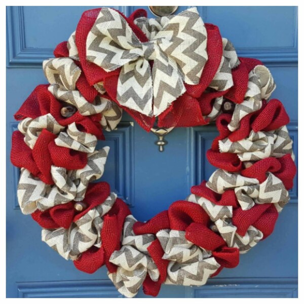 Free Shipping! Red and Grey/Chevron burlap Wreath! Perfect for your front door! Ohio State/OSU  Christmas/Holiday Gift Coach Dad