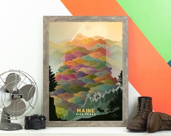 Maine High Peaks Print • ME Hiking Poster • Mountain Graphic Decor • East Coast Hike Design • Maine Mountains Wall Art