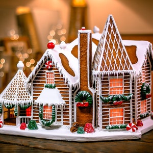 Custom Faux Gingerbread House Unique Christmas Gift Lighted Holiday Decor Light-Up Model Home Handcrafted Seasonal Winter Art image 1