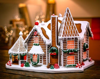 Custom Faux Gingerbread House • Unique Christmas Gift • Lighted Holiday Decor • Light-Up Model Home • Handcrafted Seasonal Winter Art