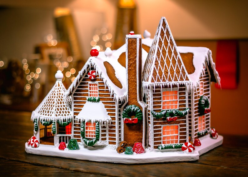 Custom Faux Gingerbread House Unique Christmas Gift Lighted Holiday Decor Light-Up Model Home Handcrafted Seasonal Winter Art image 1