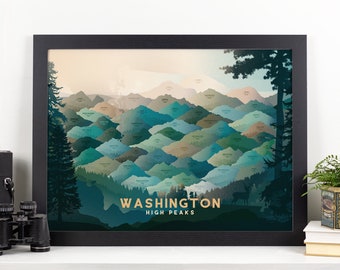 Washington High Peaks Print • WA Hiking Poster • Mountain Graphic Decor • West Coast Hike Design • Washington Mountains Wall Art