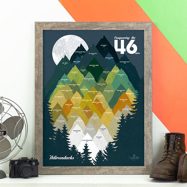 Conquering the 46 • ADK 46ers Print • Adirondacks, NY • Mountain Graphic • High Peaks • Hiking Decor Poster • New York Wall Art