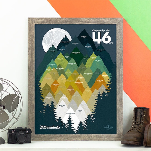 Conquering the 46 • ADK 46ers Print • Adirondacks, NY • Mountain Graphic • High Peaks • Hiking Decor Poster • New York Wall Art