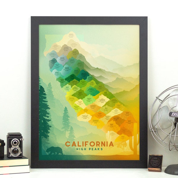 California High Peaks Print • CA Mountain Hiking Poster • Sierra Nevada Mountains • State Graphic Decor • Pacific Landscape Wall Art