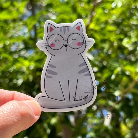 Cat Sticker Waterproof Sticker Hydro Sticker Water Bottle Stickers Laptop  Sticker Cat Stickers Grey Cat Pretty Kitty Glasses 