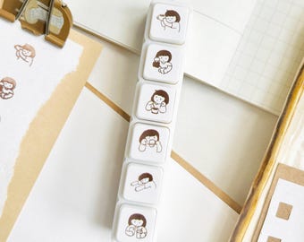 Original Design Mini Stamp, Detachable 6-in-1 Push Button Stamp for Planner, Low Energy Girl Theme, Coffee Lover Stationery
