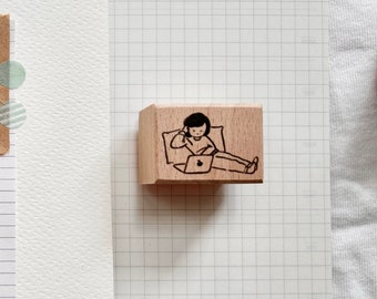 Wooden Stamp Cute Girl Rest Day Chilling with Computer || Custom Wooden Stamps