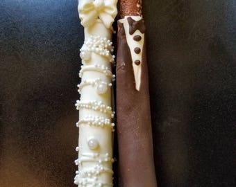 One Dozen Bride And Groom Chocolate Covered Pretzel Rods Party Etsy