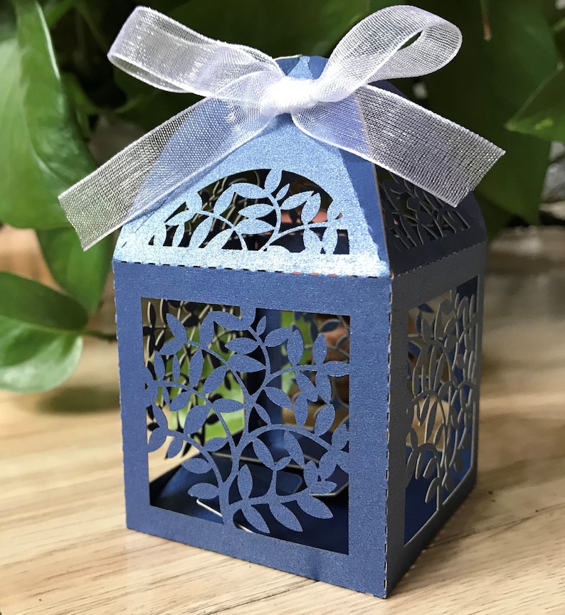 100pcs Pearl Navy Blue Wedding Gift Packaging Box with ribbon,Laser Cut Wedding Gift Boxes,Wedding Favors,6*6*9.5cm Gift Boxes,Candy Boxes