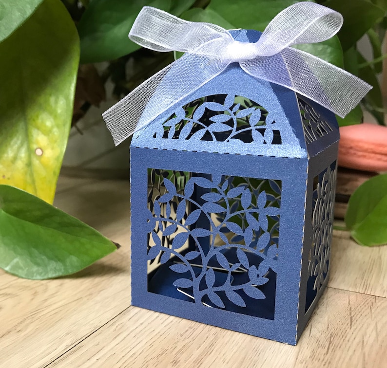 100pcs Pearl Navy Blue Wedding Gift Packaging Box with ribbon,Laser Cut Wedding Gift Boxes,Wedding Favors,6*6*9.5cm Gift Boxes,Candy Boxes
