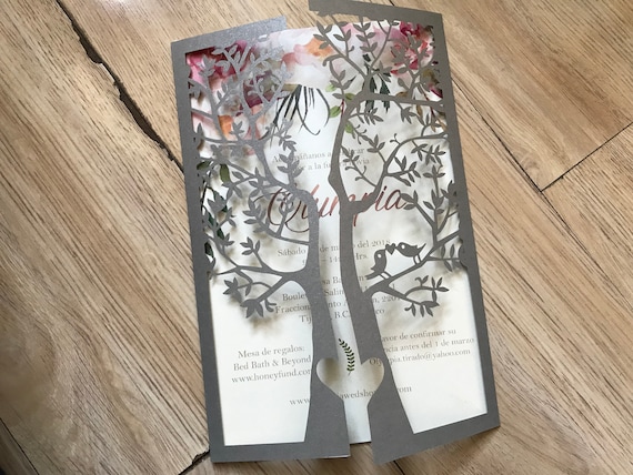 Tree Silver Laser Cut Gatefold Doors Invitation,More Colors Available,Laser Cut Invites for Wedding Sweet Sixteen Birthday Greeting,Laser Cut Wedding Invitations,50pcs