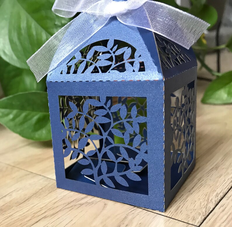 100pcs Pearl Navy Blue Wedding Gift Packaging Box with ribbon,Laser Cut Wedding Gift Boxes,Wedding Favors,6*6*9.5cm Gift Boxes,Candy Boxes