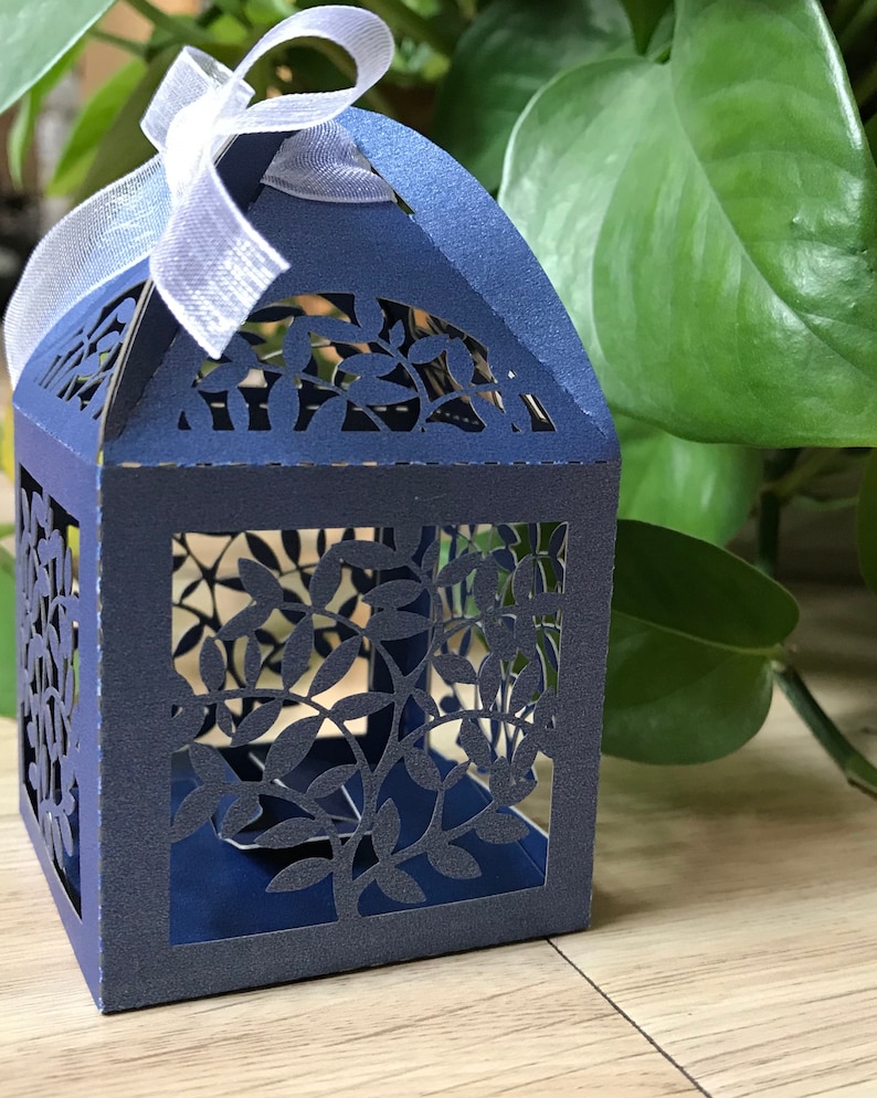 100pcs Pearl Navy Blue Wedding Gift Packaging Box with ribbon,Laser Cut Wedding Gift Boxes,Wedding Favors,6*6*9.5cm Gift Boxes,Candy Boxes