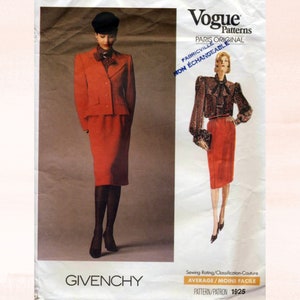 May include: A vintage Vogue sewing pattern for a red skirt suit by Givenchy. The pattern is labelled "Fabricville Original, Non Echangeable" and "Average/Moins Facile." The pattern number is 1925.