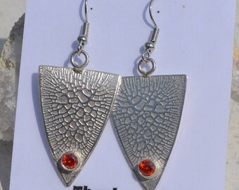 Sterling Silver Shield Shaped with Cracked Paint Texture and Orange Cubic Zirconia Earrings Free Shipping