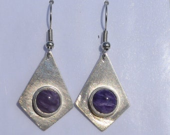 Sterling Silver Diamond Shaped with Charoite Earrings Free Shipping