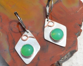 Sterling Silver with Chrysoprase and Copper Earrings Free Shipping