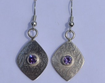 Sterling Silver Diamond Shaped with Floral Texture and Lavender Cubic Zirconia Earrings Free Shipping