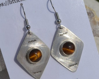 Sterling Silver Diamond Shaped with Tiger's Eye Earrings Free Shipping